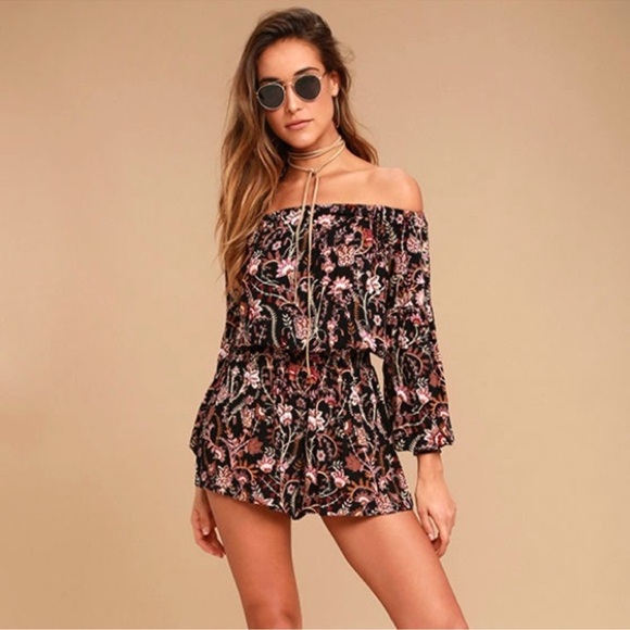Free People Black Floral Romper Off the Shoulder Boho Long Sleeve XS - Picture 1 of 11